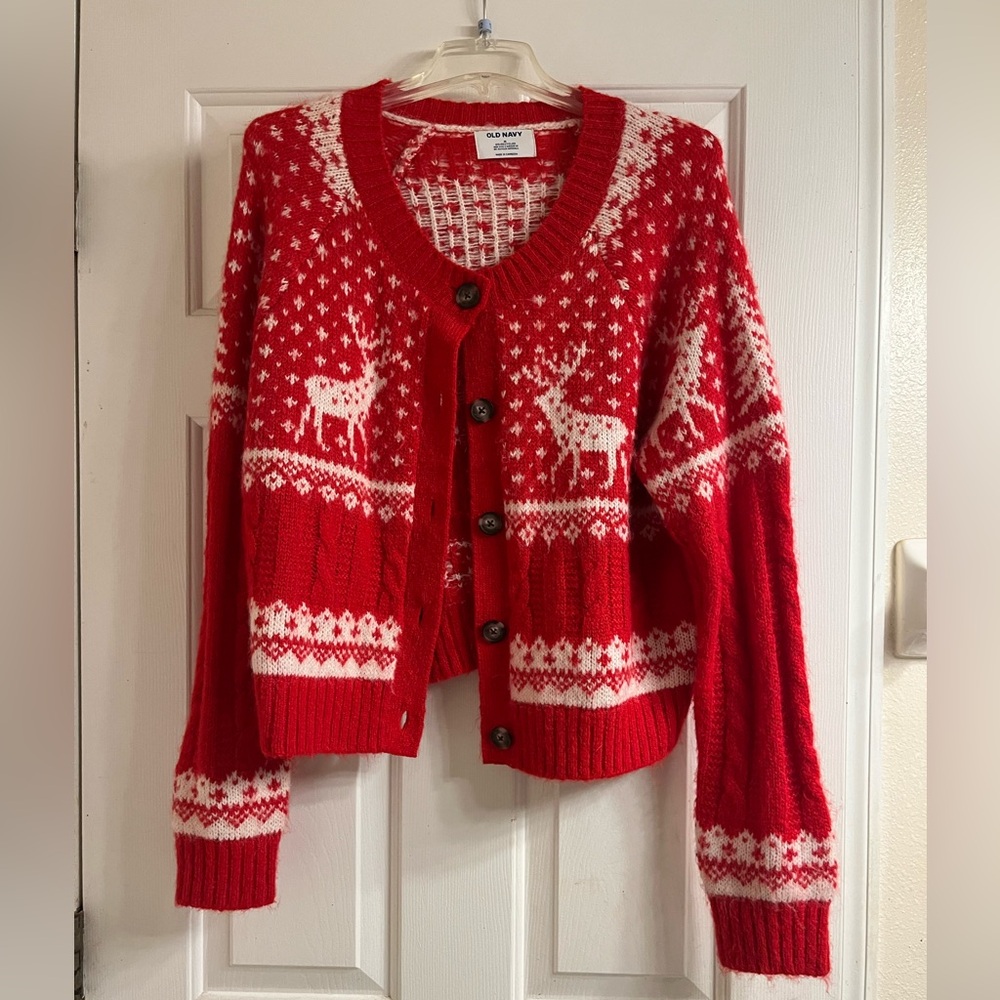 Old Navy Red and White Reindeer Fair Isle Cardigan